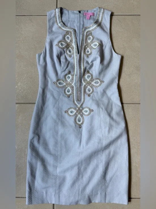 Lilly Pulitzer Mila Seaside Gray Mixed Metal Soutache Shift Dress 00 XXS - Picture 3 of 14